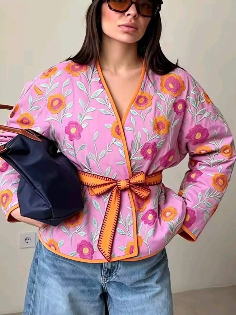 Chic Casual Flower Embroidery Women Jacket New Fashion Long Sleeve Belt Coat